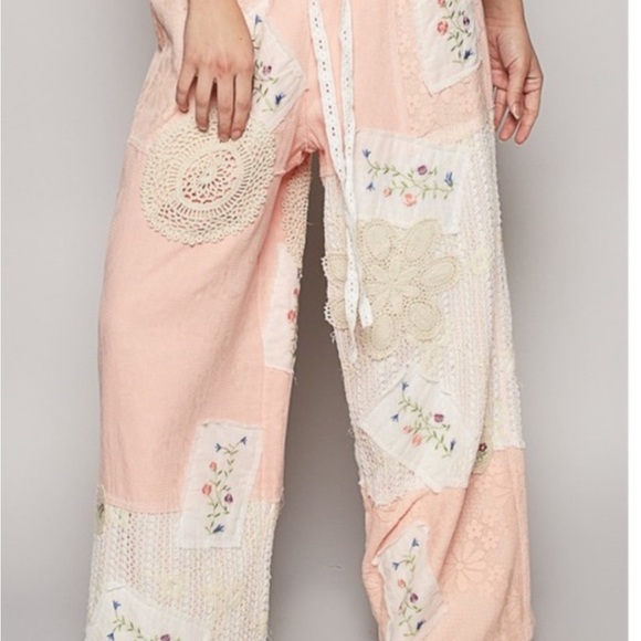 POL Pants - POL Soft Pink Patchwork Wide-Leg Pants with Lace & Embroidery